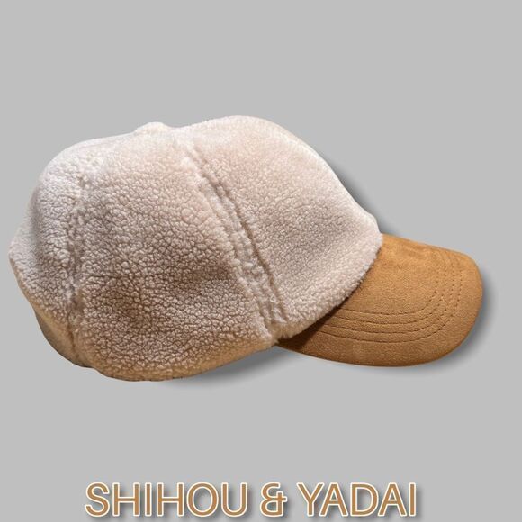 NWOT Sherpa Cap Beige with Brown Faux Suede UNISEX Adjustable - Picture 5 of 8